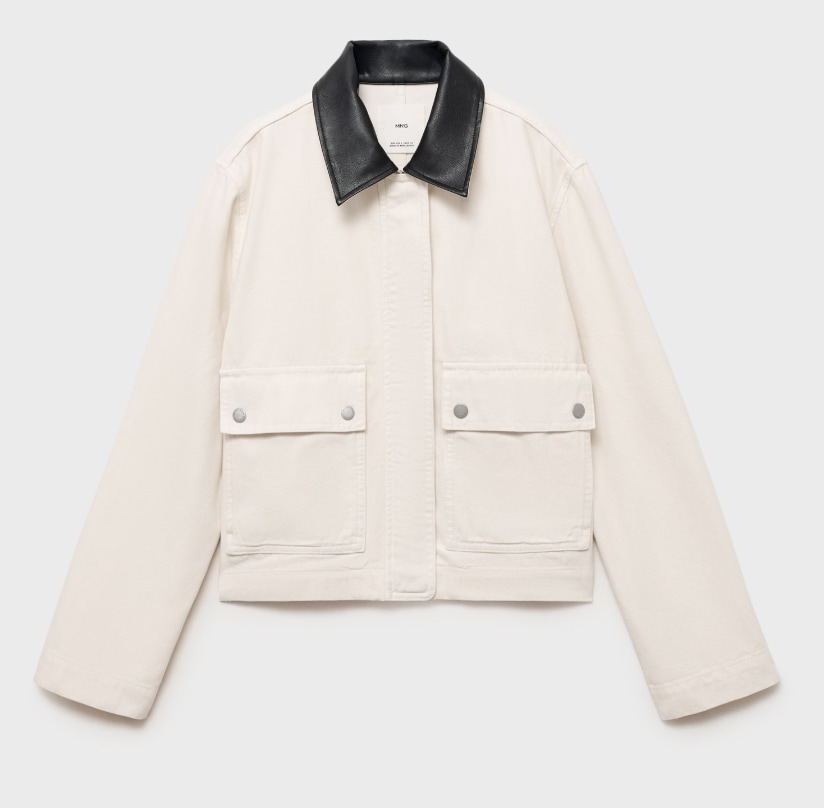 mango cropped barn jacket with leather collar