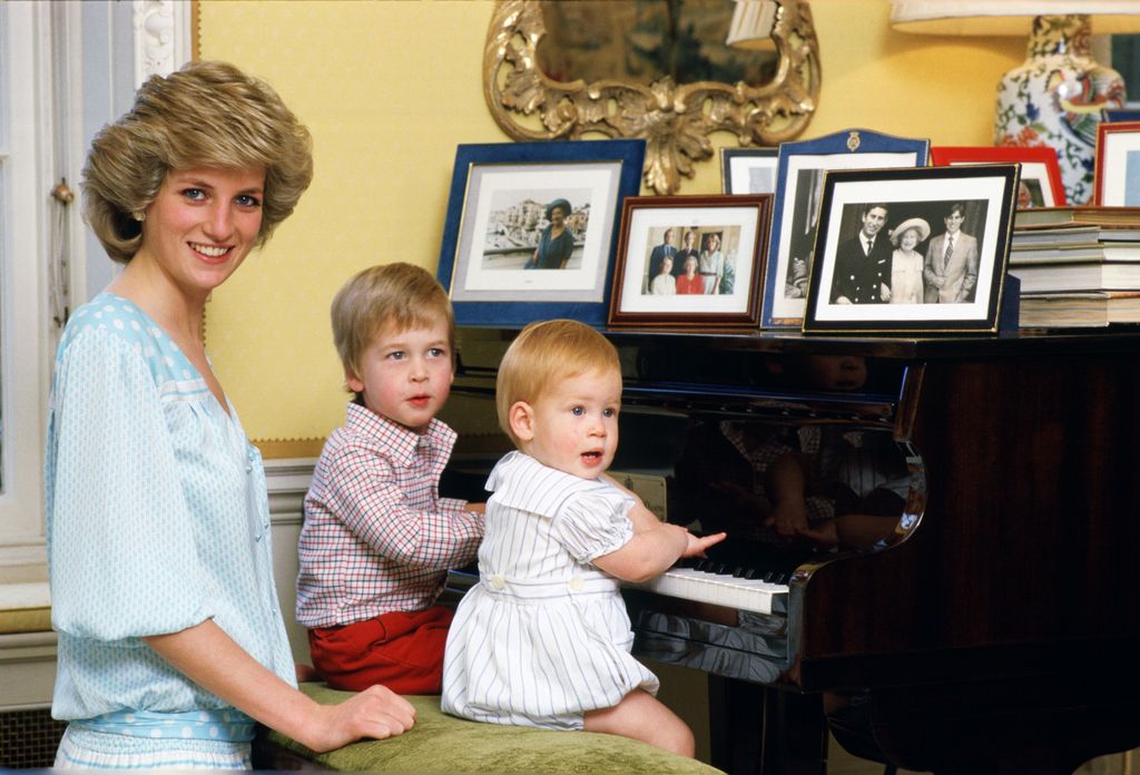 Diana, Princess of Wales with her sons, Prince William and Prince Harry at piano