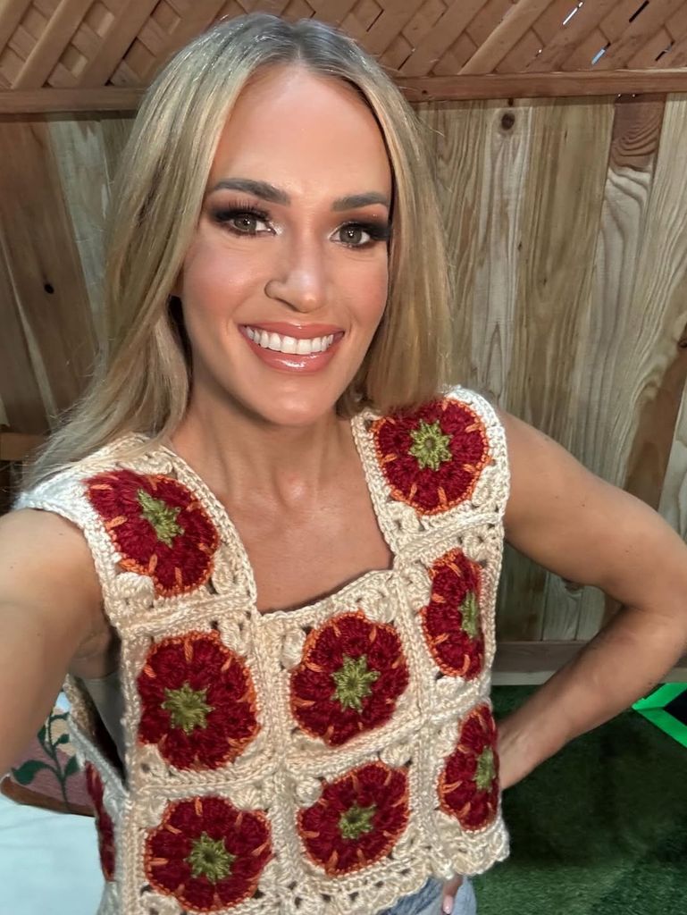 Carrie Underwood wearing a patchwork top