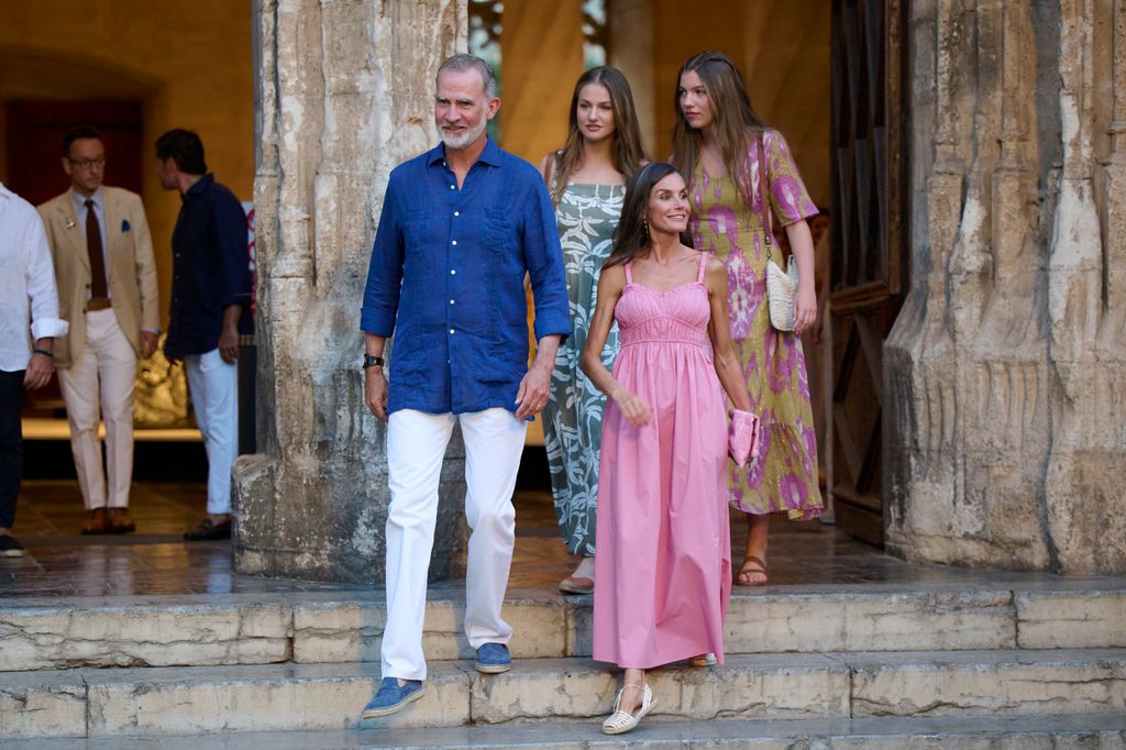  King Felipe VI of Spain, Crown Princess Leonor of Spain, Queen Letizia of Spain  and Princess Sofia of Spain attend the Joan Miro's exhibition "Paysage-Miro" at La Lonja