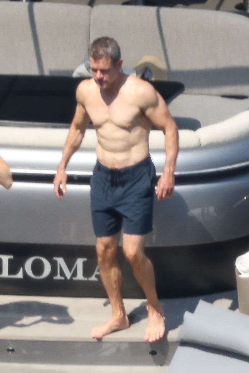 54-year-old Matt Damon continues to defy his age as the The Bourne Identity star looks ripped out in the glorious Spanish sunshine of Ibiza.