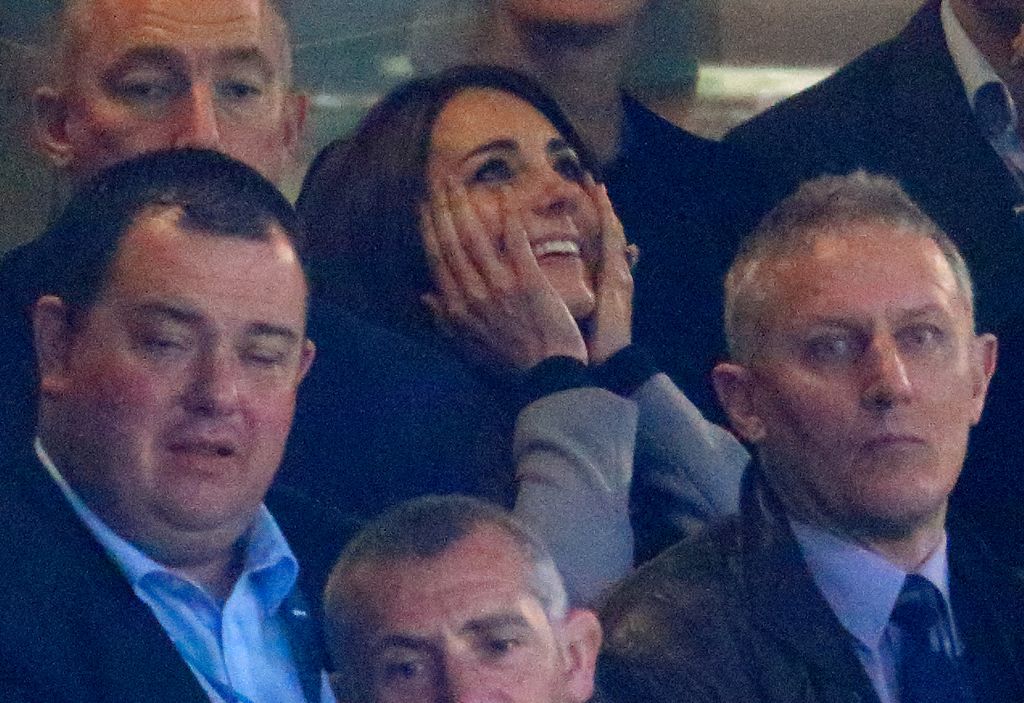 Catherine, Duchess of Cambridge attends the Australia v Wales match during the Rugby World Cup 2015 at Twickenham Stadium on October 10, 2015 in London, England.