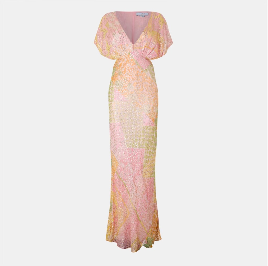 Pink, green and gold maxi dress product shot