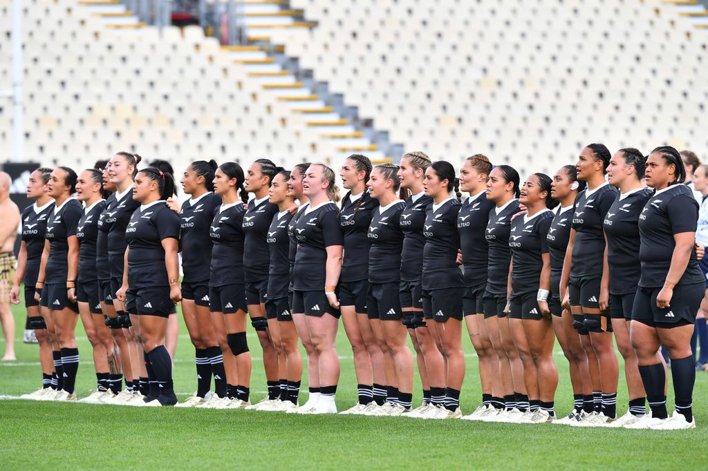 Players of New Zealand line up for their national anthem prior to the Pacific Four Test Series women's rugby match between New Zealand Black Ferns and Canada at Apollo Projects Stadium in Christchurch, New Zealand, on May 17, 2025