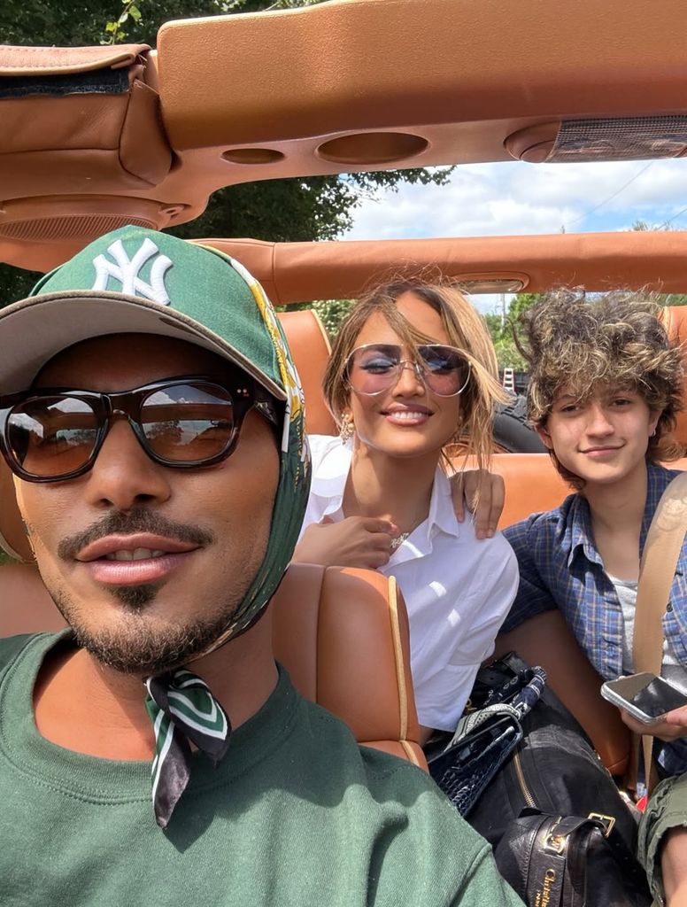 Jennifer Lopez, Emme Muniz and Steve Mackey pose for a selfie in a convertible driving through the Hamptons, shared on Instagram