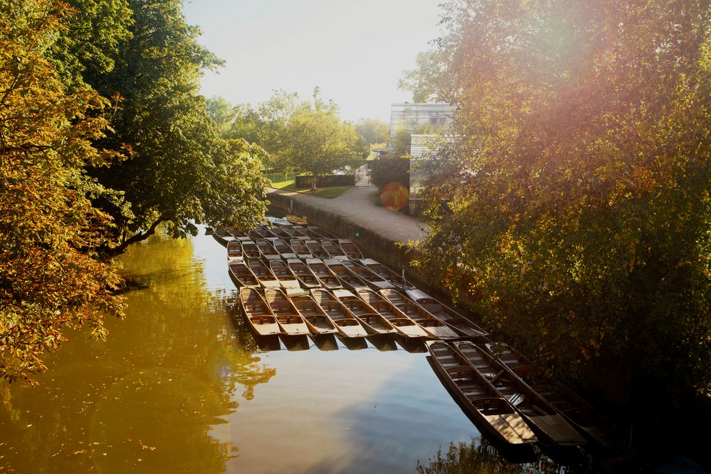 Late afternoon sun flare heightens the Autumn colours over the empty punts floating in moorings on the River Cherwell 