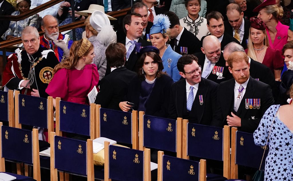 (Front row) Britain's Prince Andrew, Princess Beatrice, Edoardo Mapelli Mozzi, Princess Eugenie, Jack Brooksbank, and Prince Harry at Westminster Abbey in central London on May 6, 2023,