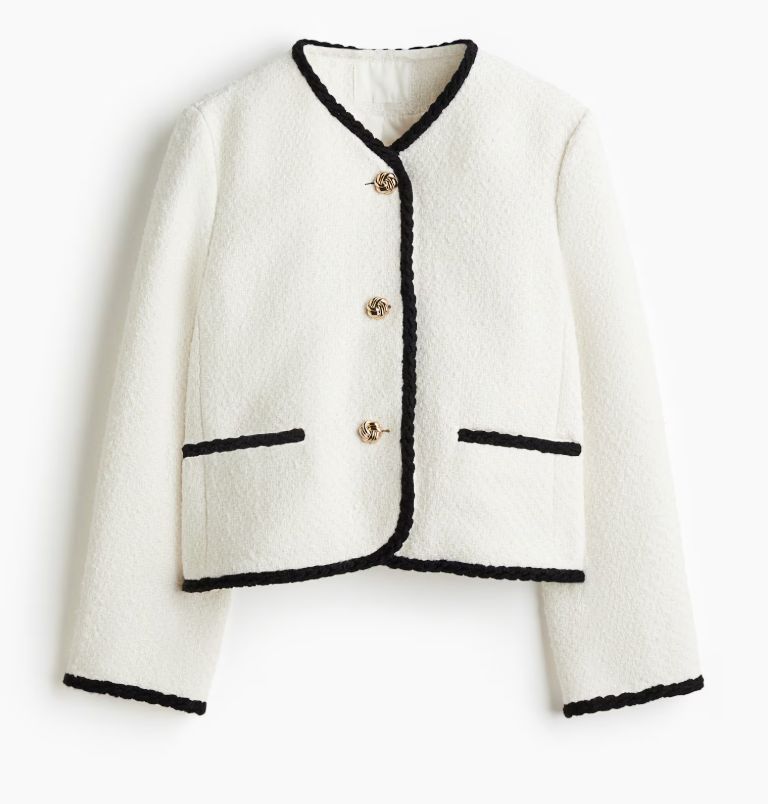 White h&m jacket with black trim and gold buttons