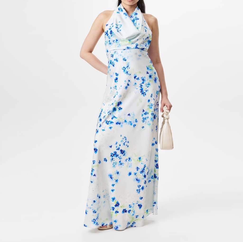 white dress with blue and green floral pattern by Jarlo
