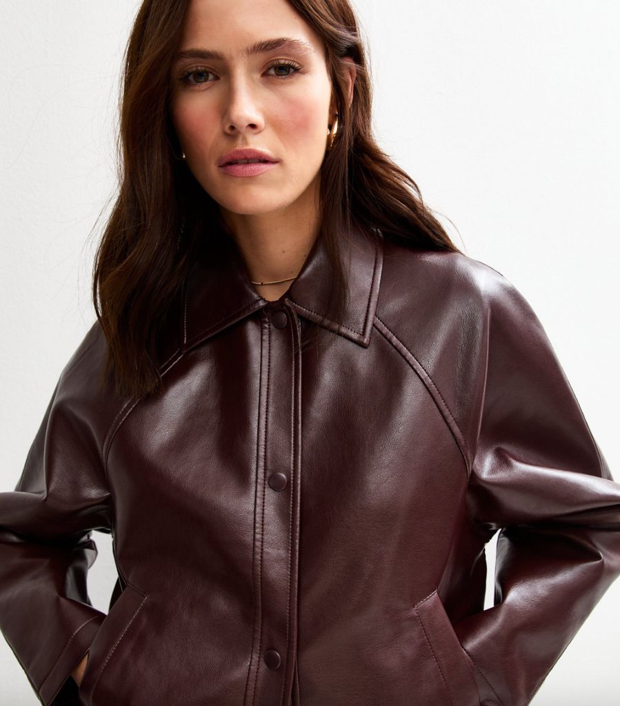 New Look Dark Burgundy Bubble Hem Faux Leather Jacket