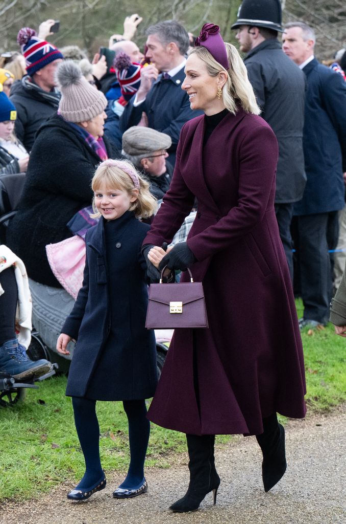 Zara Tindall and Lena Tindall attend the Christmas Morning Service at Sandringham Church on December 25, 2024 in Sandringham, Norfolk.