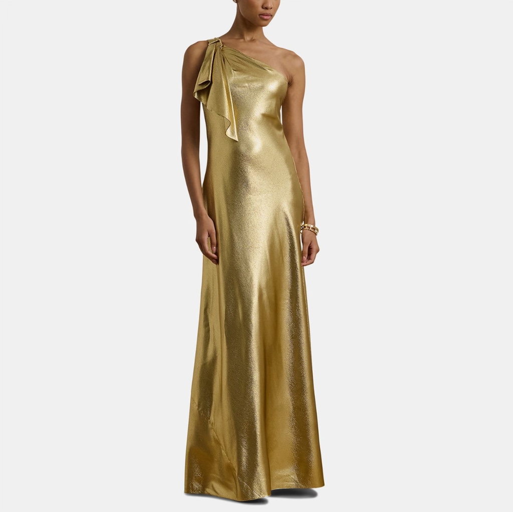 model wearing gold Ralph Lauren dress