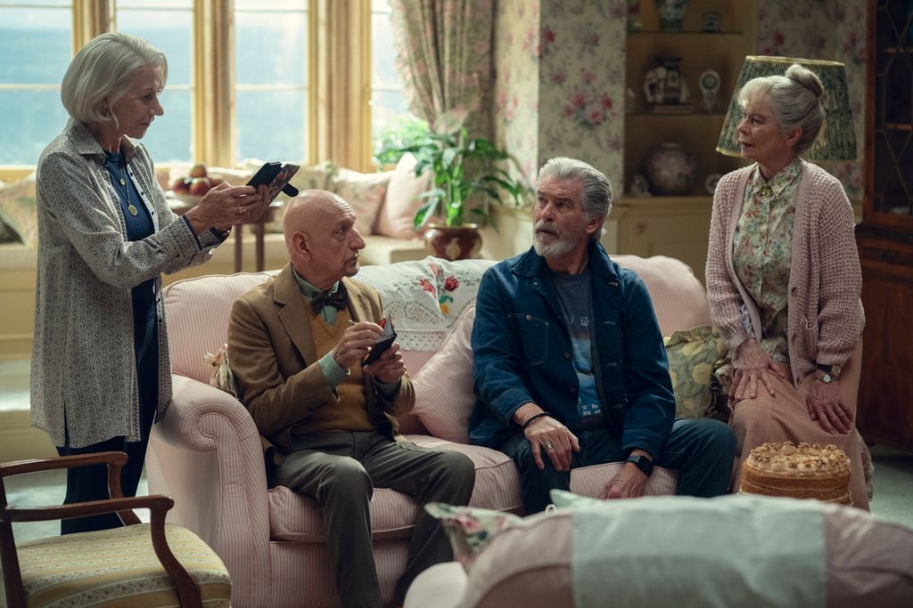 Helen Mirren, Sir Ben Kingsley, Pierce Brosnan, and Celia Imrie in The Thursday Murder Club 