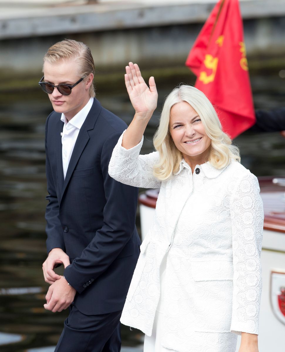 Crown Princess Mette-Marit of Norway and her son, Marius Borg Hoiby, on a visit to Trondheim during the King and Queen of Norway's Silver Jubilee Tour, on June 23, 2016, in Trondheim, Norway.