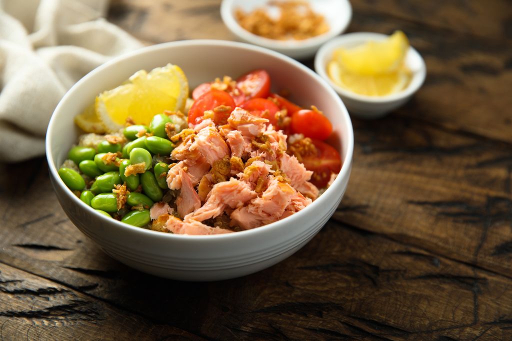 Healthy salmon poke with edamame beans