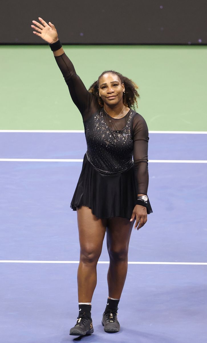 Serena Williams of USA salutes the fans after her last career match, losing to Ajla Tomljanovic of Australia in 3 sets during day 5 of the US Open 2022, 4th Grand Slam event of the season at the USTA Billie Jean King National Tennis Center on September 2, 2022 in Queens, New York City. (Photo by Jean Catuffe/Getty Images)