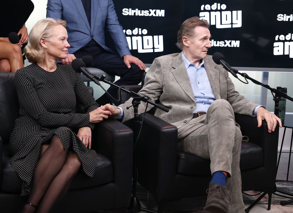 Pamela Anderson and Liam Neeson hold hands during pres with Andy Cohen