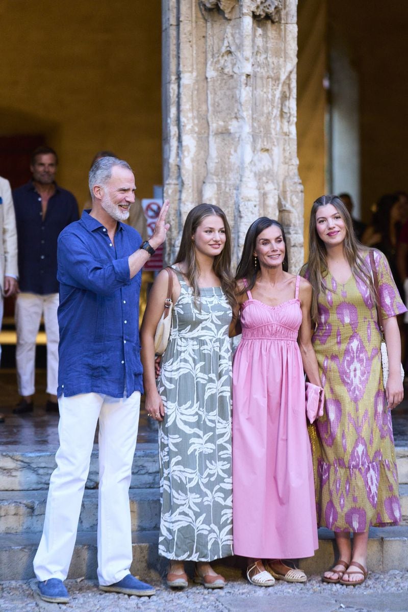 King Felipe VI of Spain, Queen Letizia of Spain, Crown Princess Leonor, Princess Sofia attends Joan Miro's Exhibition 'Paysage-Miro' at La Lonja on August 6, 2025 in Palma, Spain. (Photo by Album/Sipa USA)