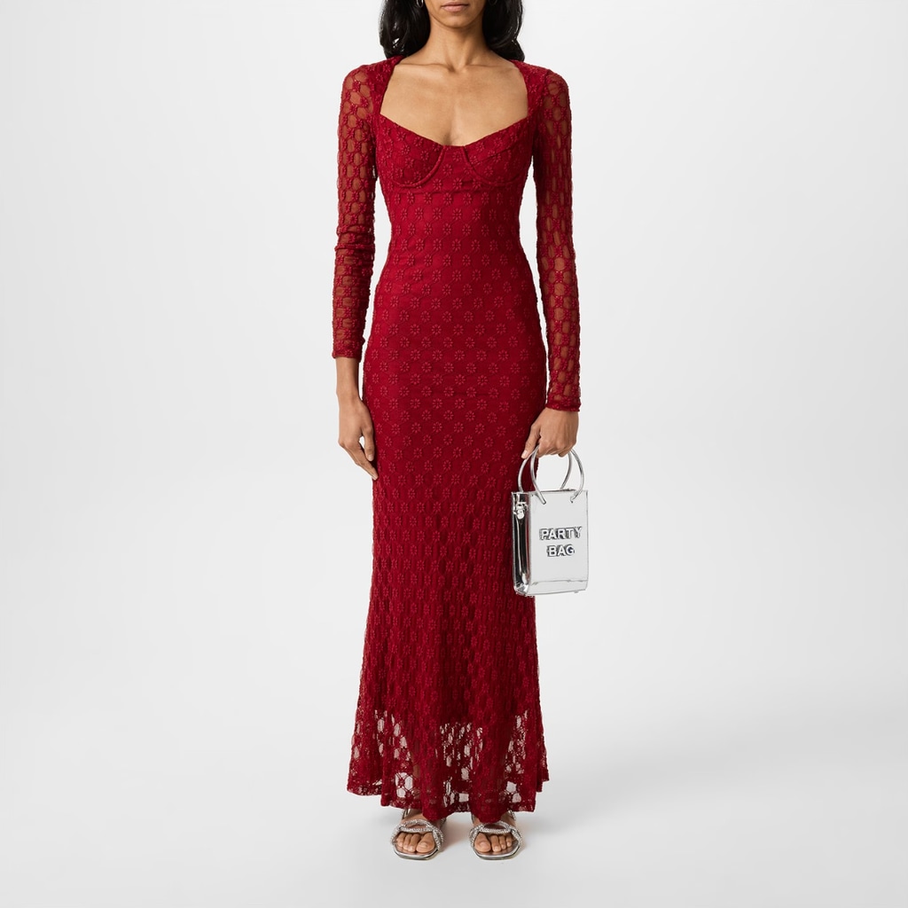 model in red lace maxi dress by Bardot