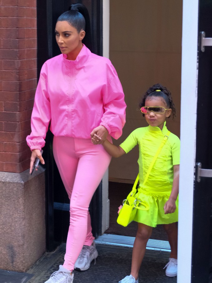 Kim Kardashian in Pink & North West in Neon