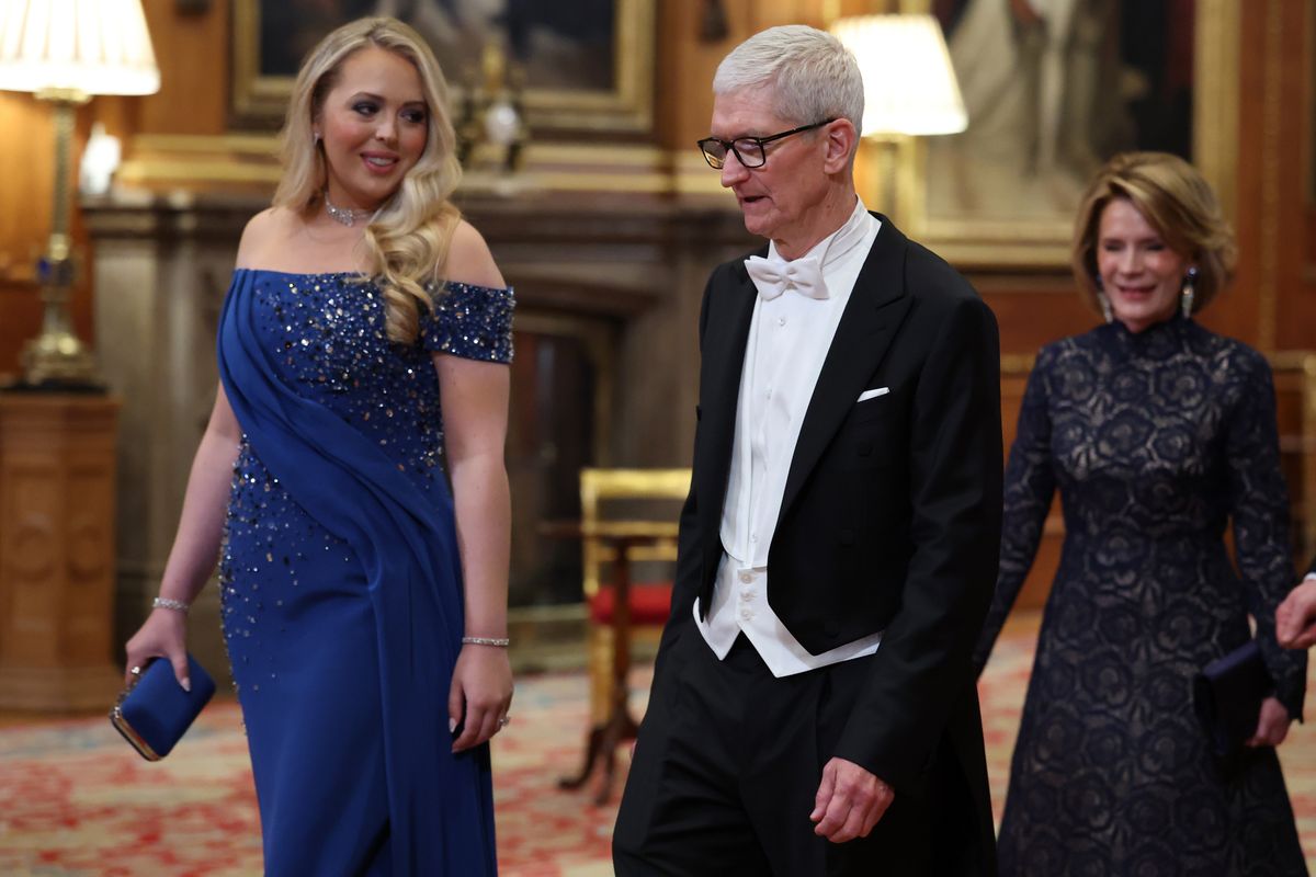 WINDSOR, ENGLAND - SEPTEMBER 17:  Tiffany Trump and Tim Cook, Apple CEO and Harriet Stephens (R) attend the State visit by the President of the United States of America at Windsor Castle on September 17, 2025 in Windsor, England. President Trump is in England from Sept. 16-18 on his second UK state visit, with the previous one taking place in 2019 during his first presidential term. (Photo by Anna Moneymaker/Getty Images)