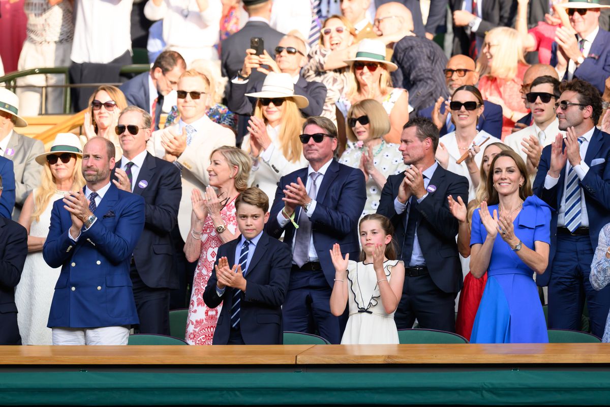 Prince William, Prince of Wales; Prince George of Wales; Princess Charlotte of Wales and Catherine, Princess of Wales, attend day fourteen of the Wimbledon Tennis Championships at the All England Lawn Tennis and Croquet Club on July 13, 2025 in London, England.