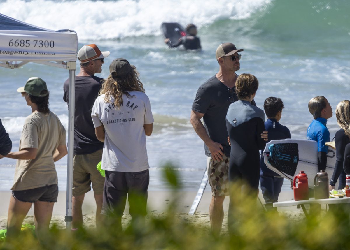 Chris Hemsworth was spotted back home in Byron Bay, proudly cheering on his 11-year-old son Sasha as he competed in a local surf competition.