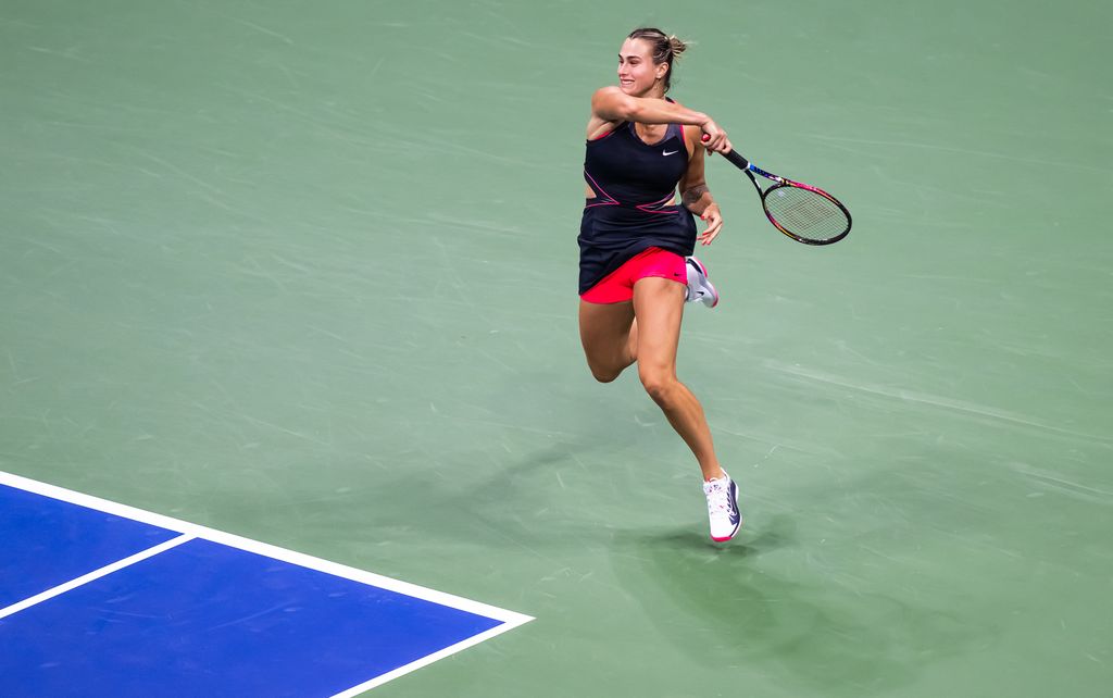 Aryna Sabalenka in action against Jessica Pegula at the US Open 