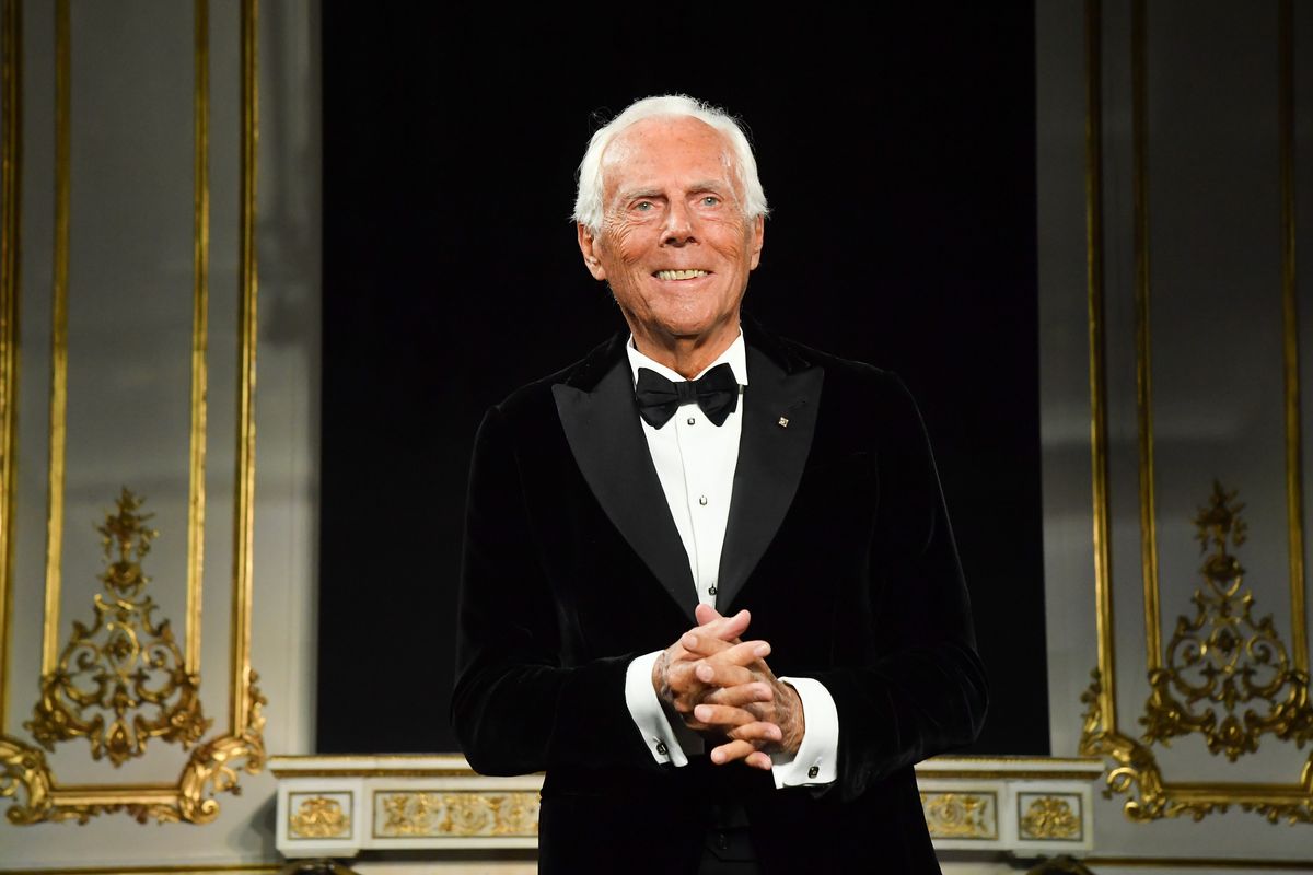  Fashion designer Giorgio Armani acknowledges the audience during the Giorgio Armani Prive Spring Summer 2019 show as part of Paris Fashion Week  on January 22, 2019 in Paris, France