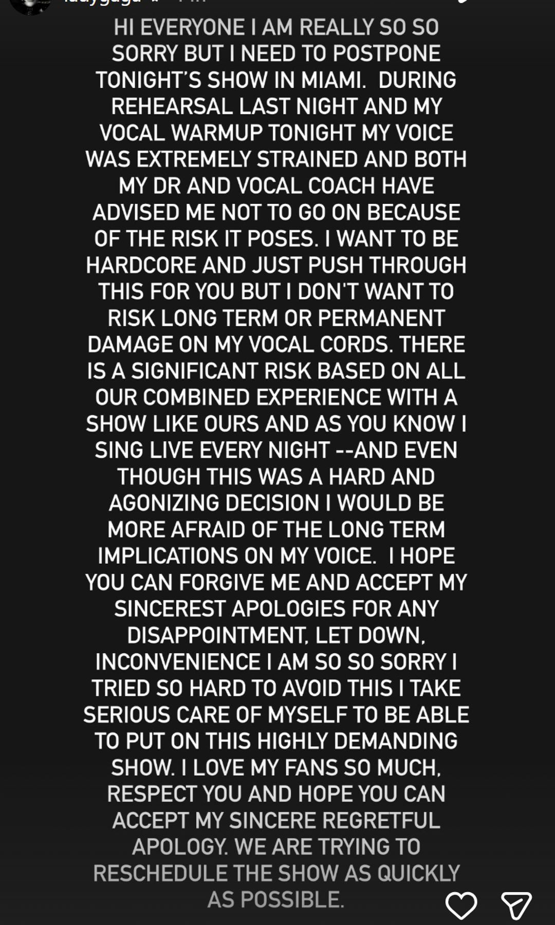 Gaga shared a statement, explaining her decision to cancel the show
