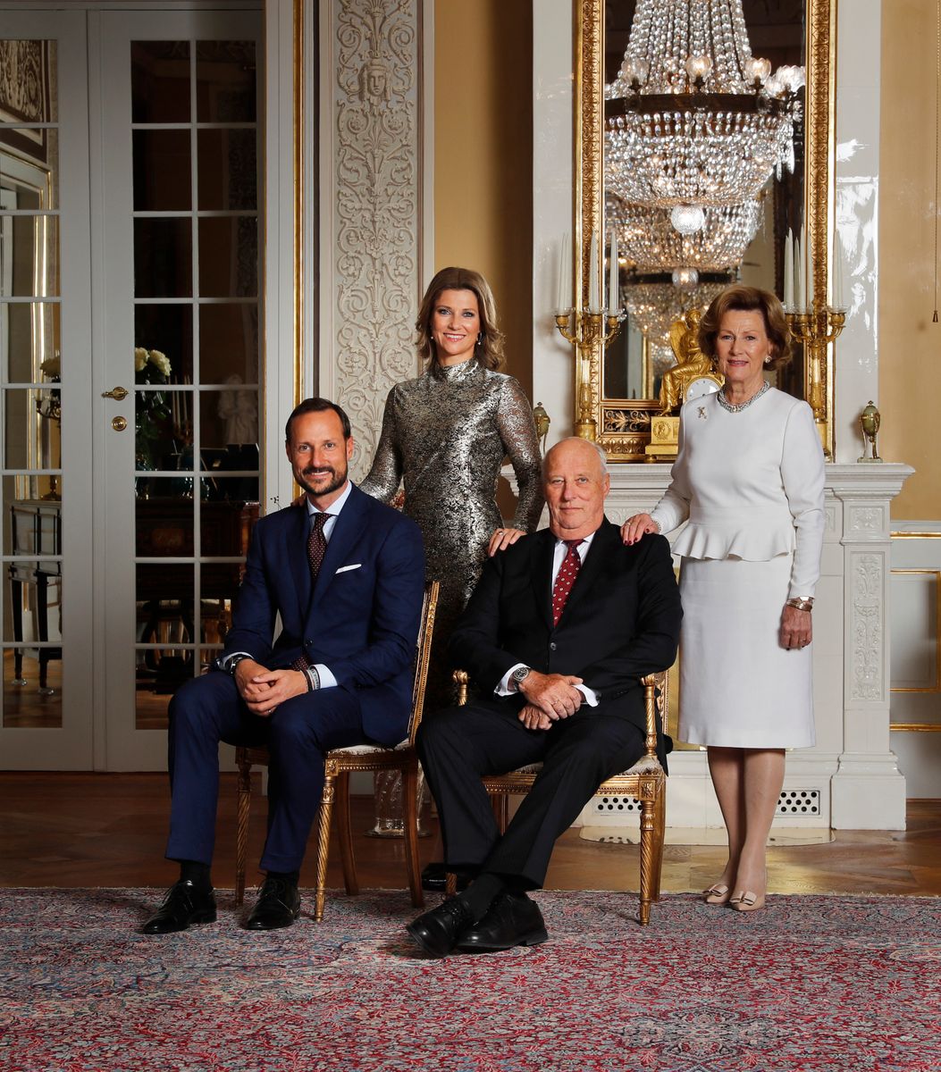 King Harald V of Norway and Sonja of Norway with Norway`s Crown Prince Haakon and Princess Martha Louise of Norway. 