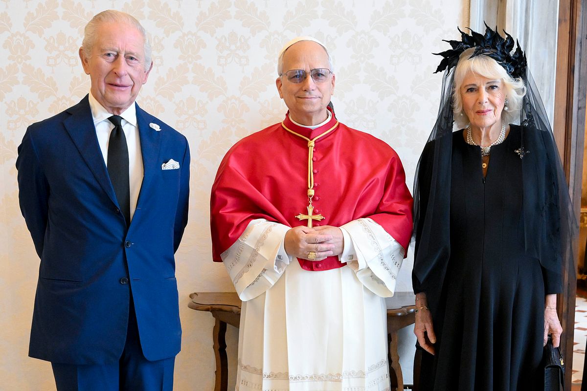 Pope Leo XVI alongside King Charles III and Queen Camilla during an audience at the Apostolic Palace