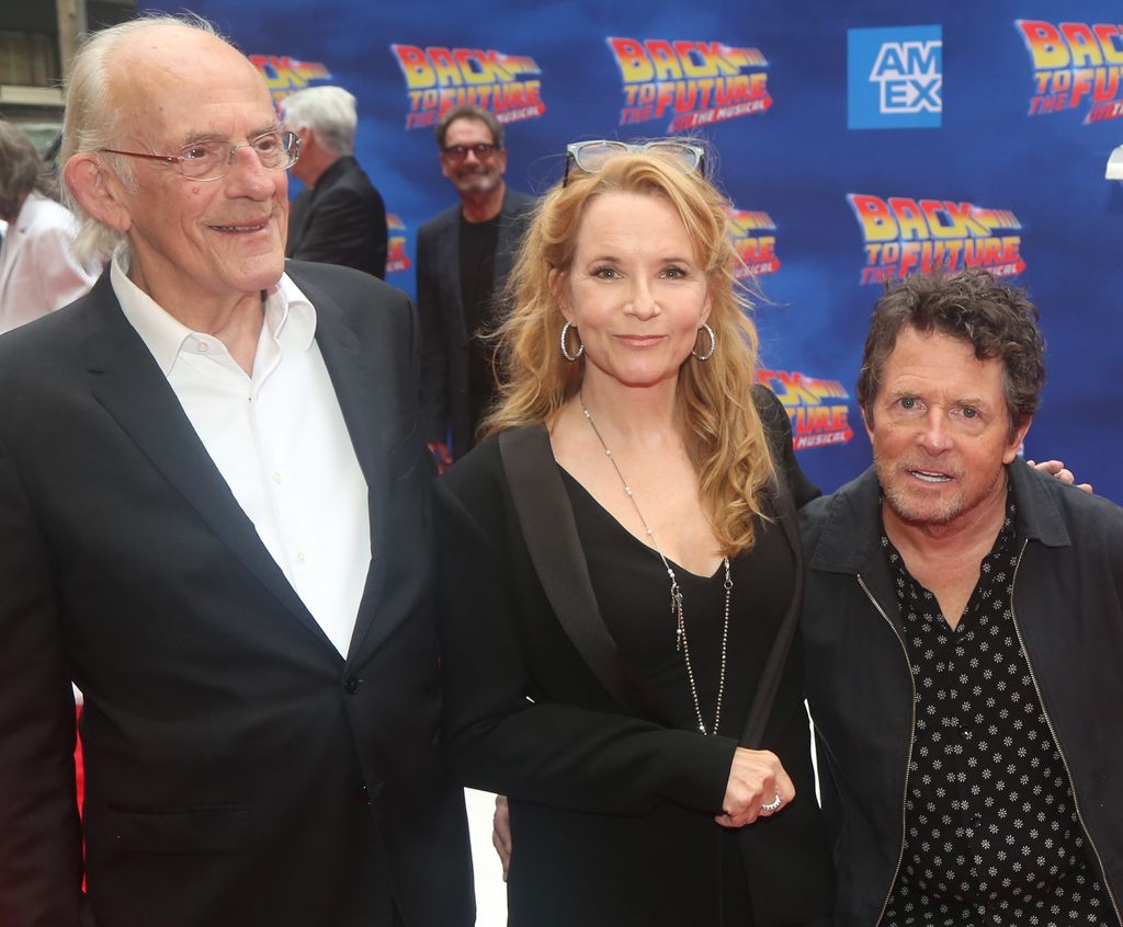 Christopher Lloyd, Lea Thompson and Michael J. Fox pose at the Michael J. Fox Foundation opening night gala performance "Back to the Future: The Musical" at The Winter Garden Theatre on July 25, 2023 in New York City