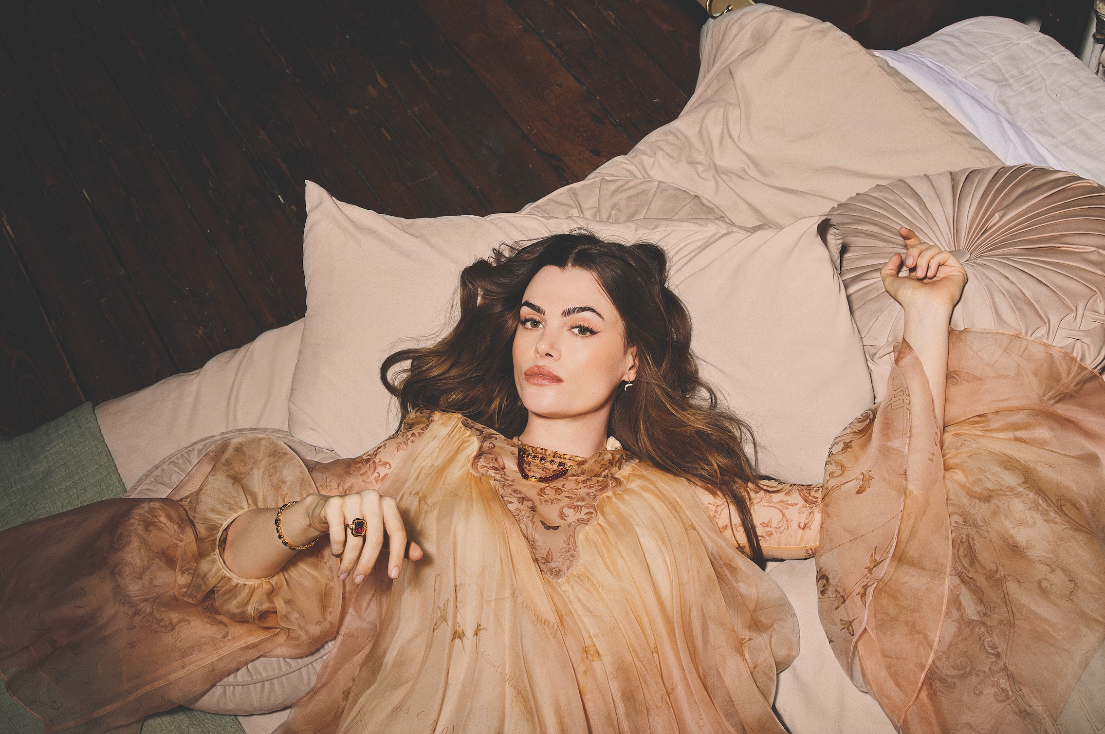 Dress, £2,500, Zimmermann Earrings, £250, Necklaces, (top) £1,080, (bottom) £450, Bracelet, £630, Ring, £250, all Thomas Sabo