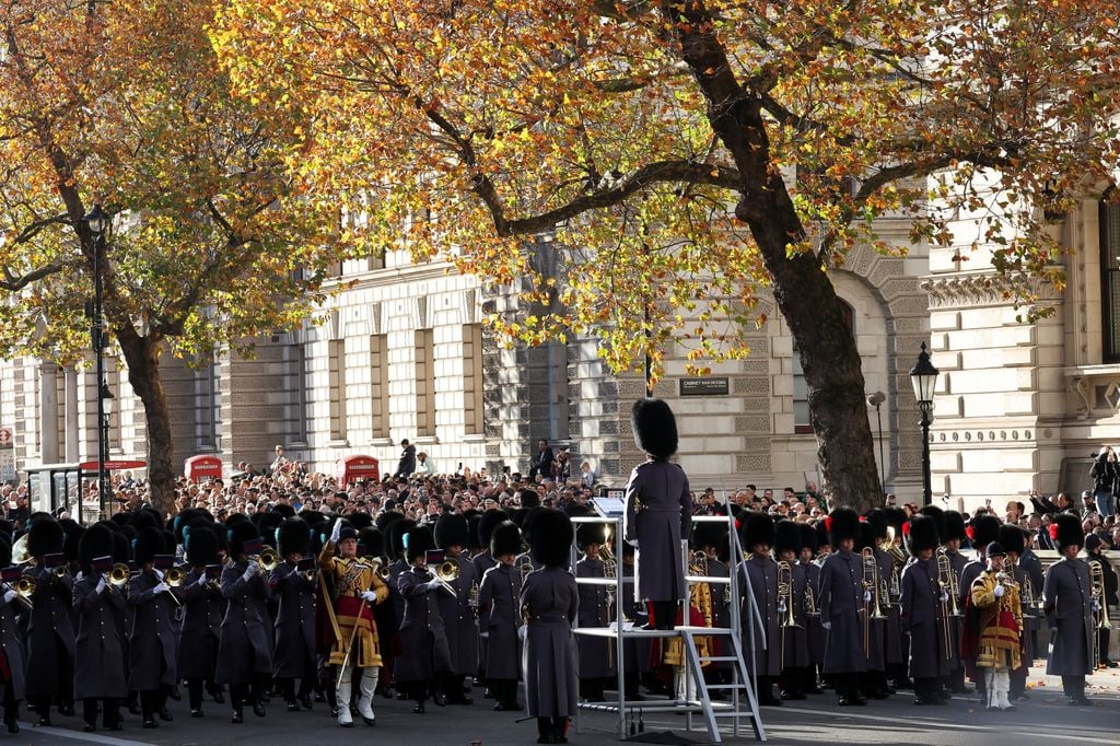 : Members of the military marching bands perform at the beginning of the 2025 National Service Of Remembrance at The Cenotaph on November 9, 2025 in London