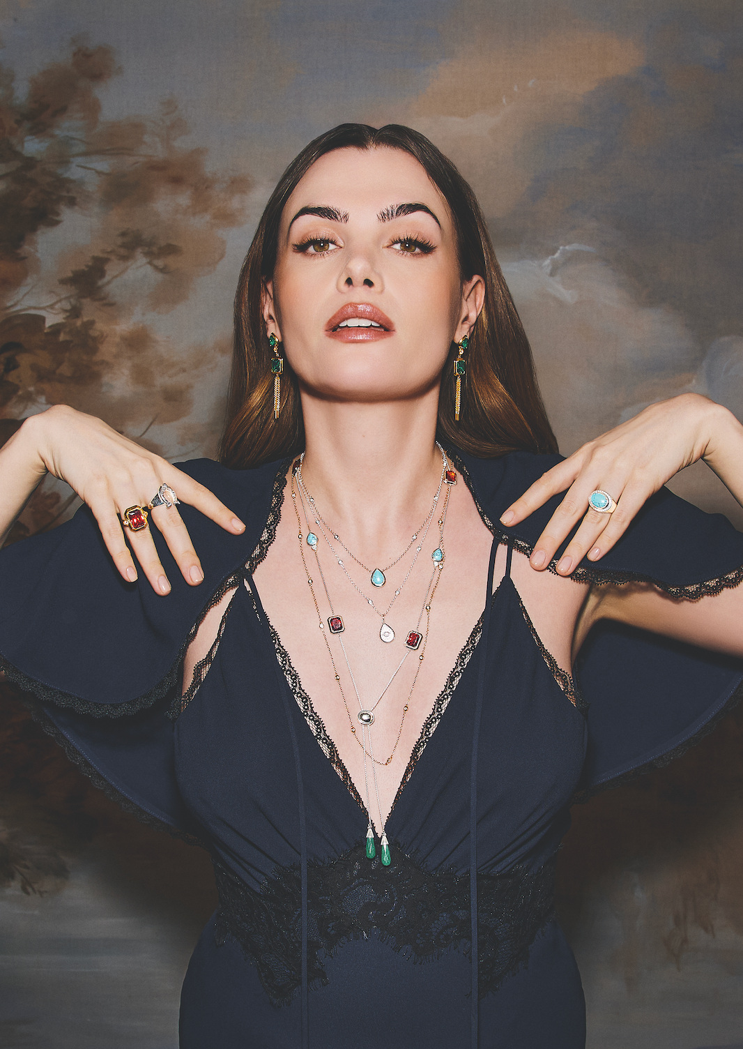 Dress & Cape, £698, Veronica Beard, Earrings £360, Necklaces, (top) £180, (second) £135, (third) £165, (bottom) £540, Rings, (right hand, middle finger) £135, (ring finger) £250, (left hand) £180, all Thomas Sabo