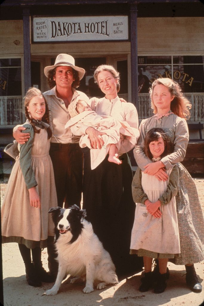 Melissa Gilbert, Michael Landon (1936 - 1991), Karen Grassle, who holds an unidentified baby, Melissa Sue Anderson, and Lindsay or Sidney Greenbush on Little House on the Prairie