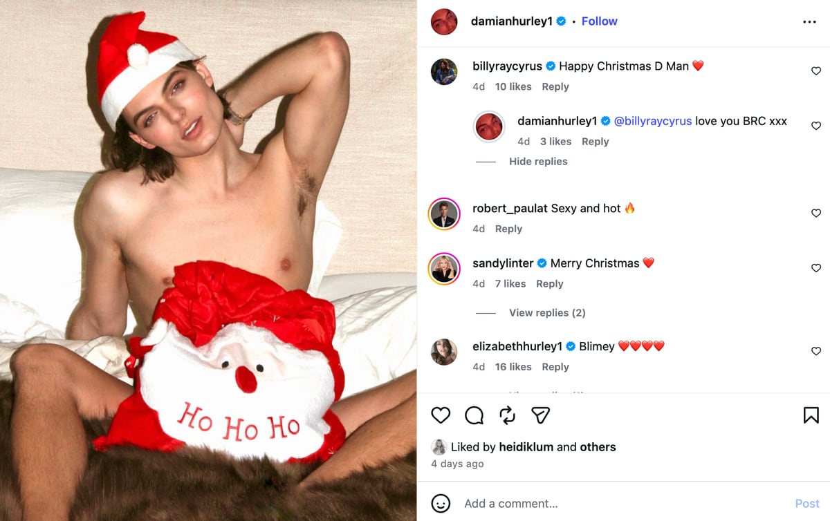 Elizabeth Hurley's son Damian sparked a frenzy on Instagram with an extremely sultry picture on Christmas Day
