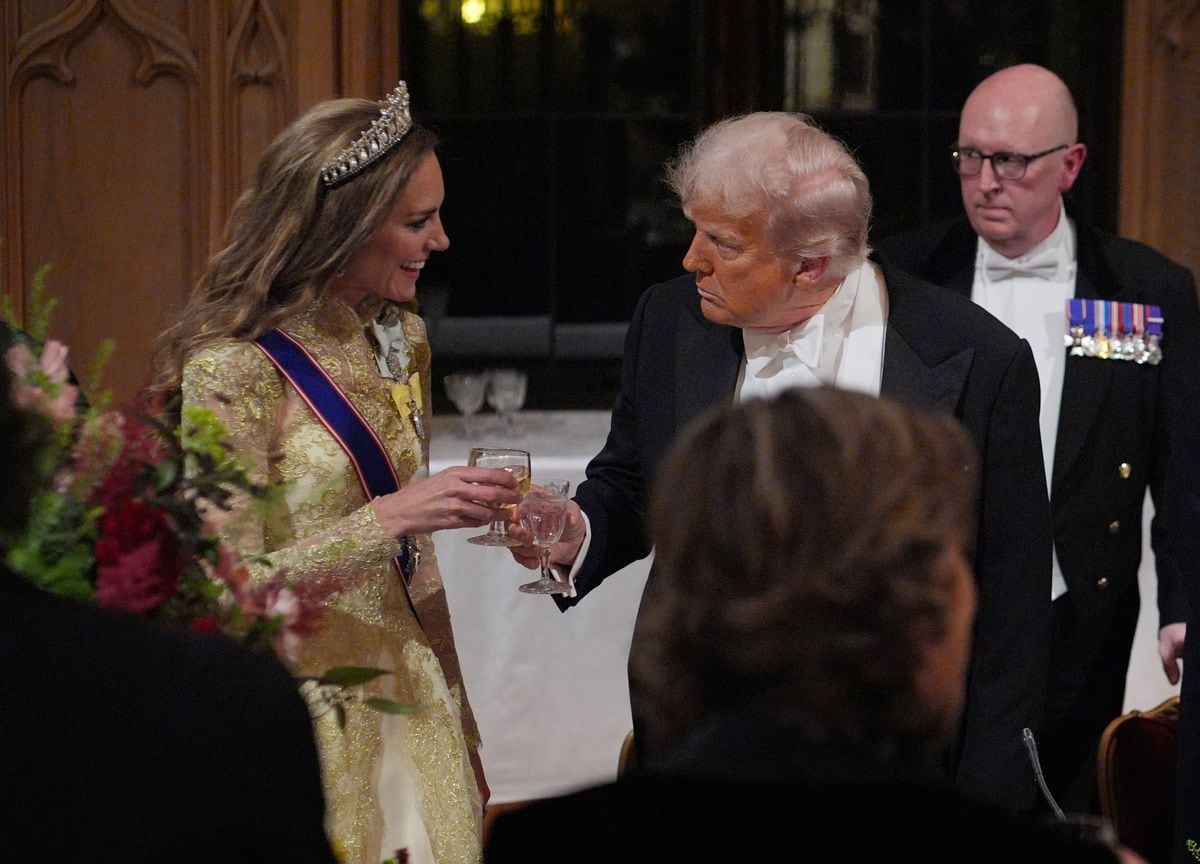 Catherine, Princess of Wales, toasts US President Donald Trump after his speech during the State Banquet at Windsor Castle for the State visit by the President of the United States of America