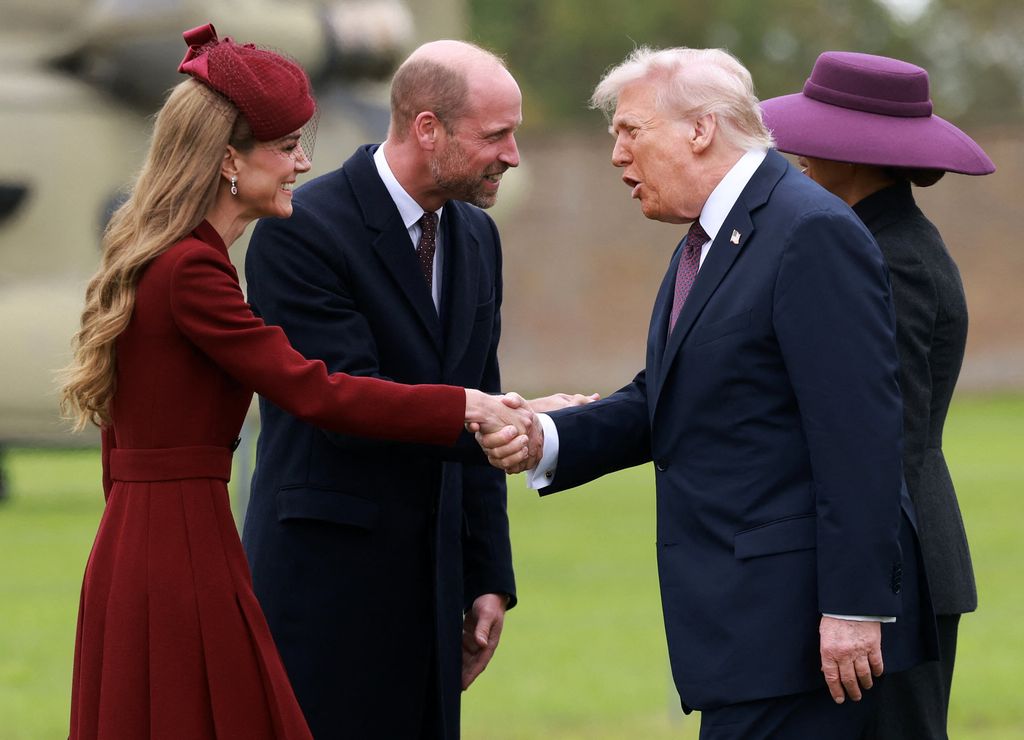 US President Donald Trump and First Lady Melania Trump are greeted by Britain's Prince William, Prince of Wales and Britain's Catherine, Princess of Wales, upon their arrival at the grounds of Windsor Castle, in Windsor