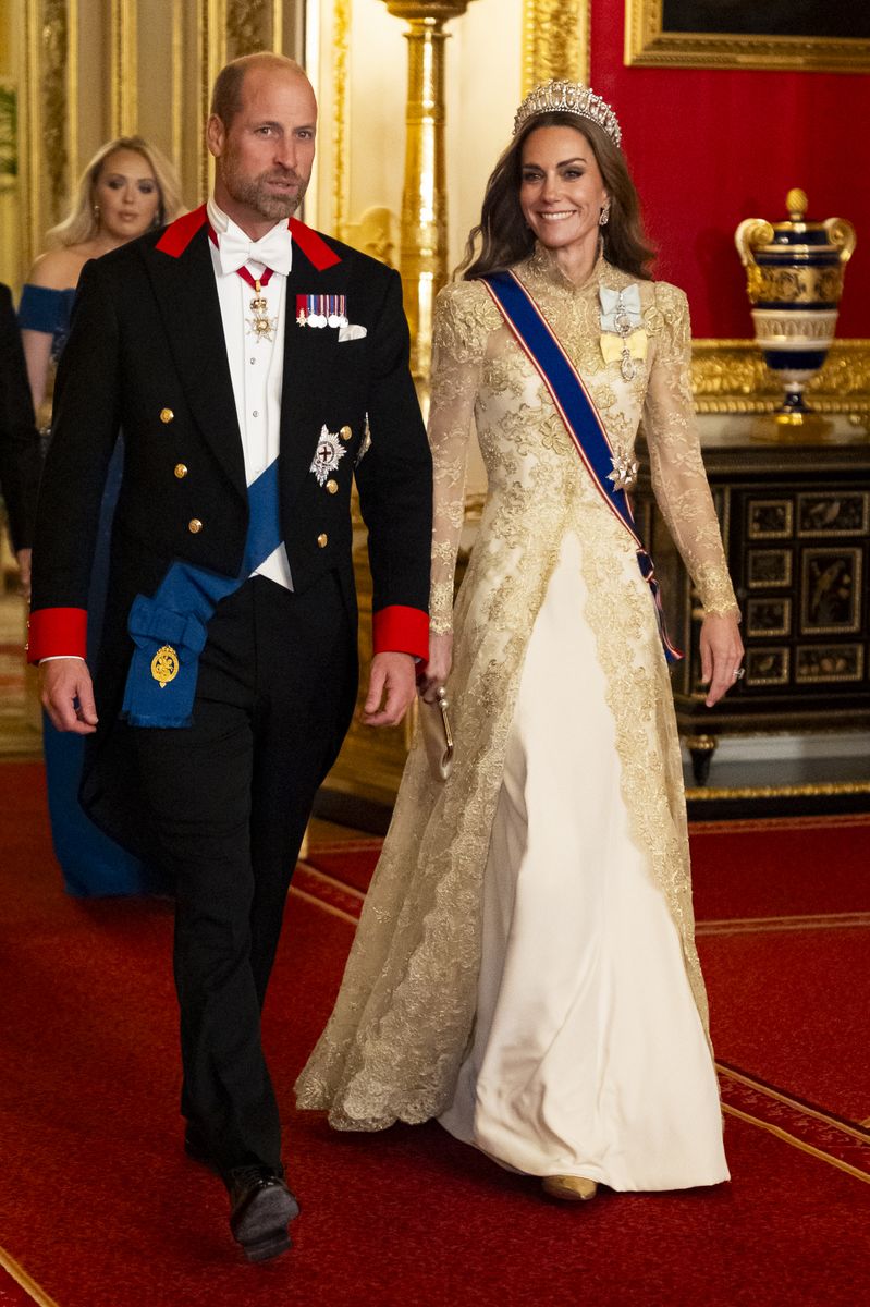 Catherine, Princess of Wales and Prince William, Prince of Wales arrive for the State Banquet hosted by King Charles III and members of the Royal Family at Windsor Castle during the state visit by the President of the United States of America 