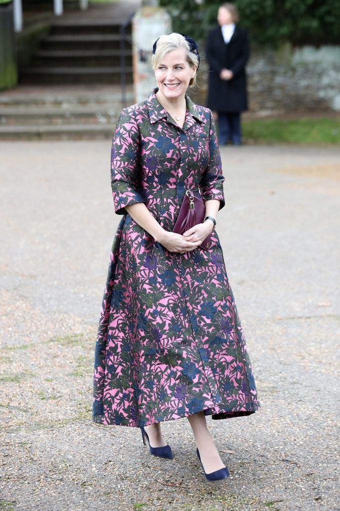 Duchess Sophie wearing dress by Erdem at the Christmas Day Church service at Church of St Mary Magdalene on December 25, 2017 in King's Lynn, England.