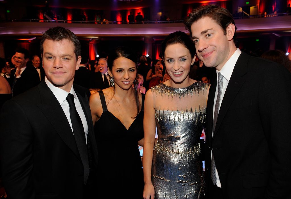 HOLLYWOOD, CA - JANUARY 15:  (L-R) Matt Damon, Luciana Damon, Emily Blunt and John Krasinski are seen backstage during The 15th Annual Critics' Choice Movie Awards held at the Hollywood Palladium on January 15, 2010 in Hollywood, California. (Photo by Frank Micelotta/Getty Images)