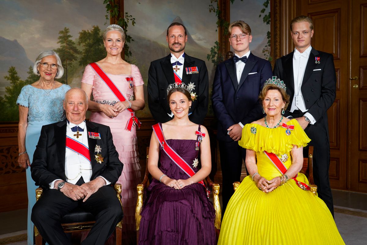 Norway's Princess Ingrid Alexandra poses for a family photo with Norway's King Harald V and Norway's Queen Sonja and Marit Tjessem, Norway's Crown Princess Mette-Marit, Norway's Crown Prince Haakon, Norway's Prince Sverre Magnus and Marius Borg Hoiby on the occasion of a gala dinner for her 18th birthday in Oslo.