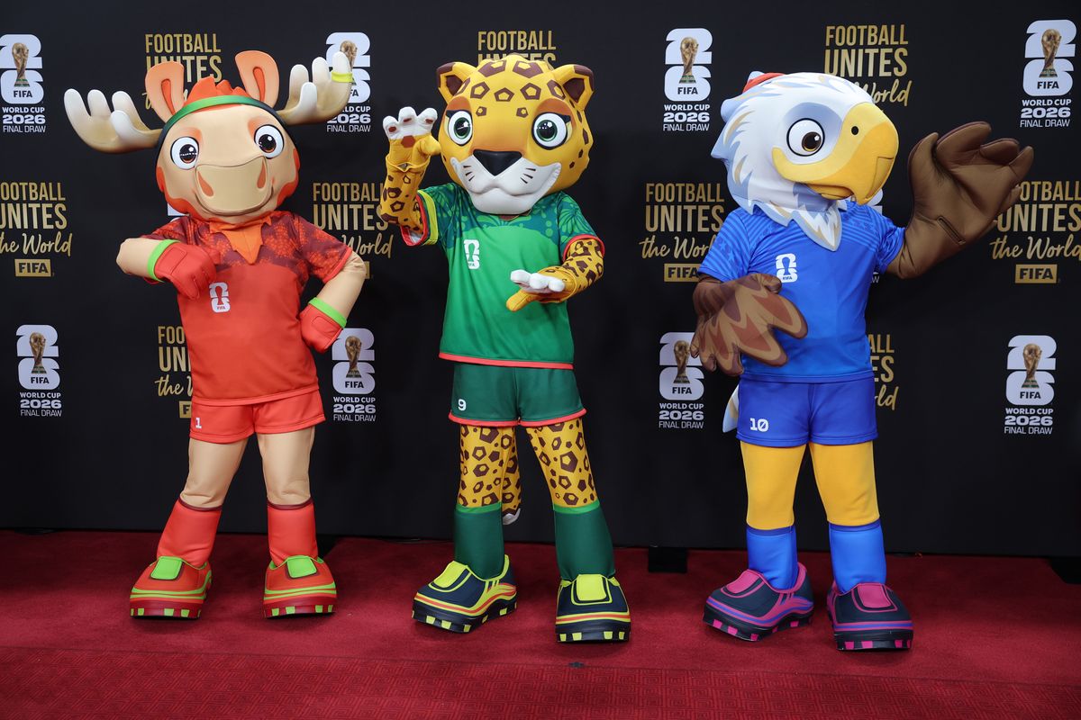Official mascots Maple the Moose of Canada, Zayu the Jaguar of Mexico, and Clutch the Eagle of USA.