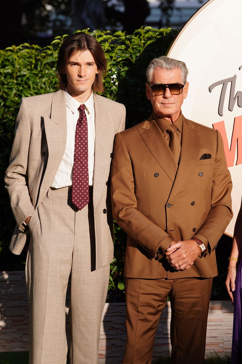 Dylan Brosnan and Pierce Brosnan arriving at the UK premiere of The Thursday Murder Club at Leicester Square in London.