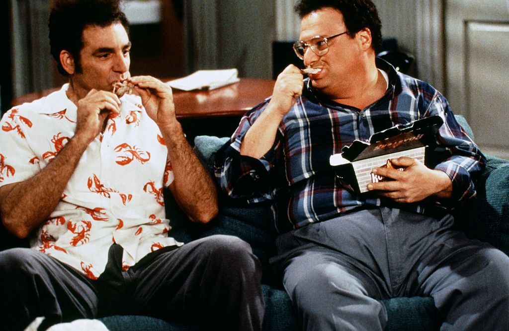 Pictured: (l-r) Michael Richards as Cosmo Kramer, Wayne Knight as Newman  