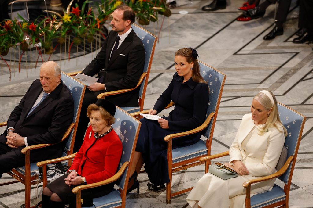Norway's King Harald V, Norway's Queen Sonja, Crown Prince Haakon of Norway, Princess Ingrid Alexandra of Norway and Crown Princess Mette-Marit of Norway, sit during the Nobel Peace Prize ceremony