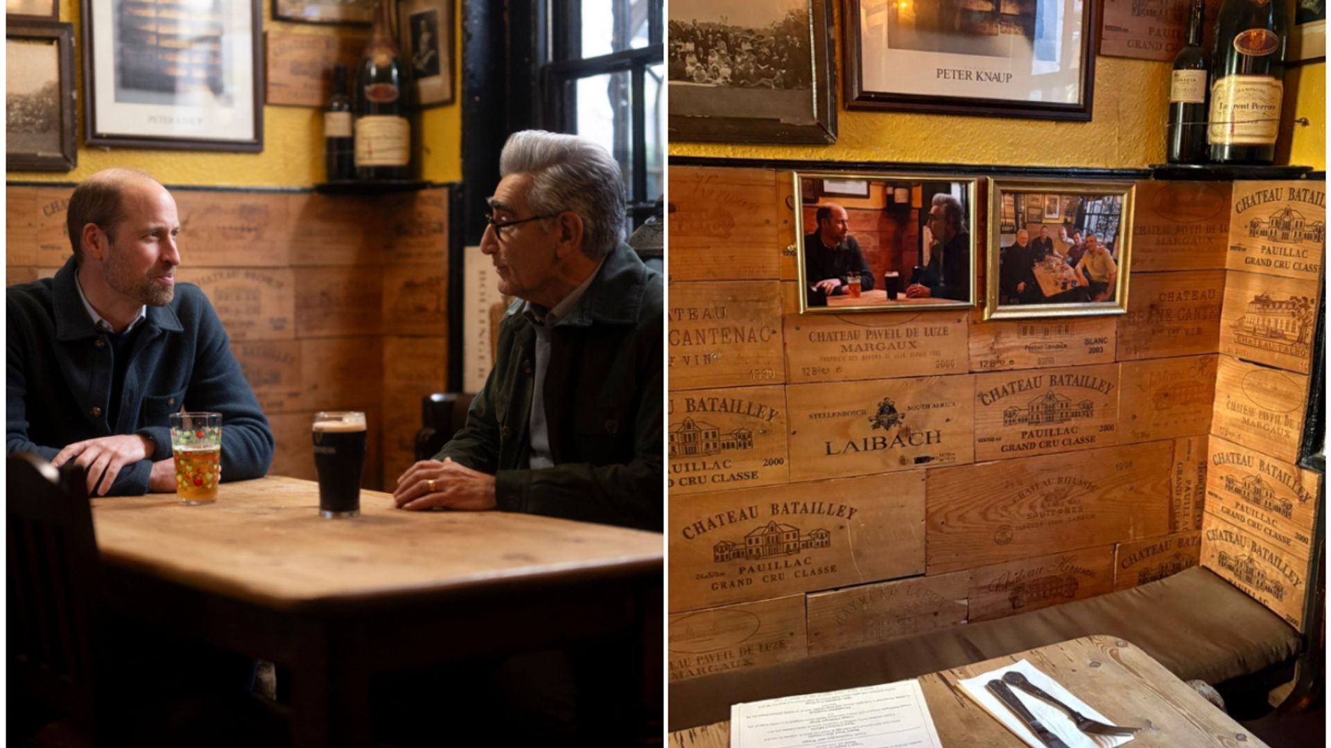 A framed photo of William and Eugene hangs in the booth next to a picture of Michael Douglas at the pub