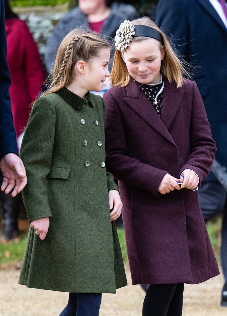 Princess Charlotte of Wales and Mia Tindall attend the Christmas Morning Service at Sandringham Church on December 25, 2023 in Sandringham, Norfolk.